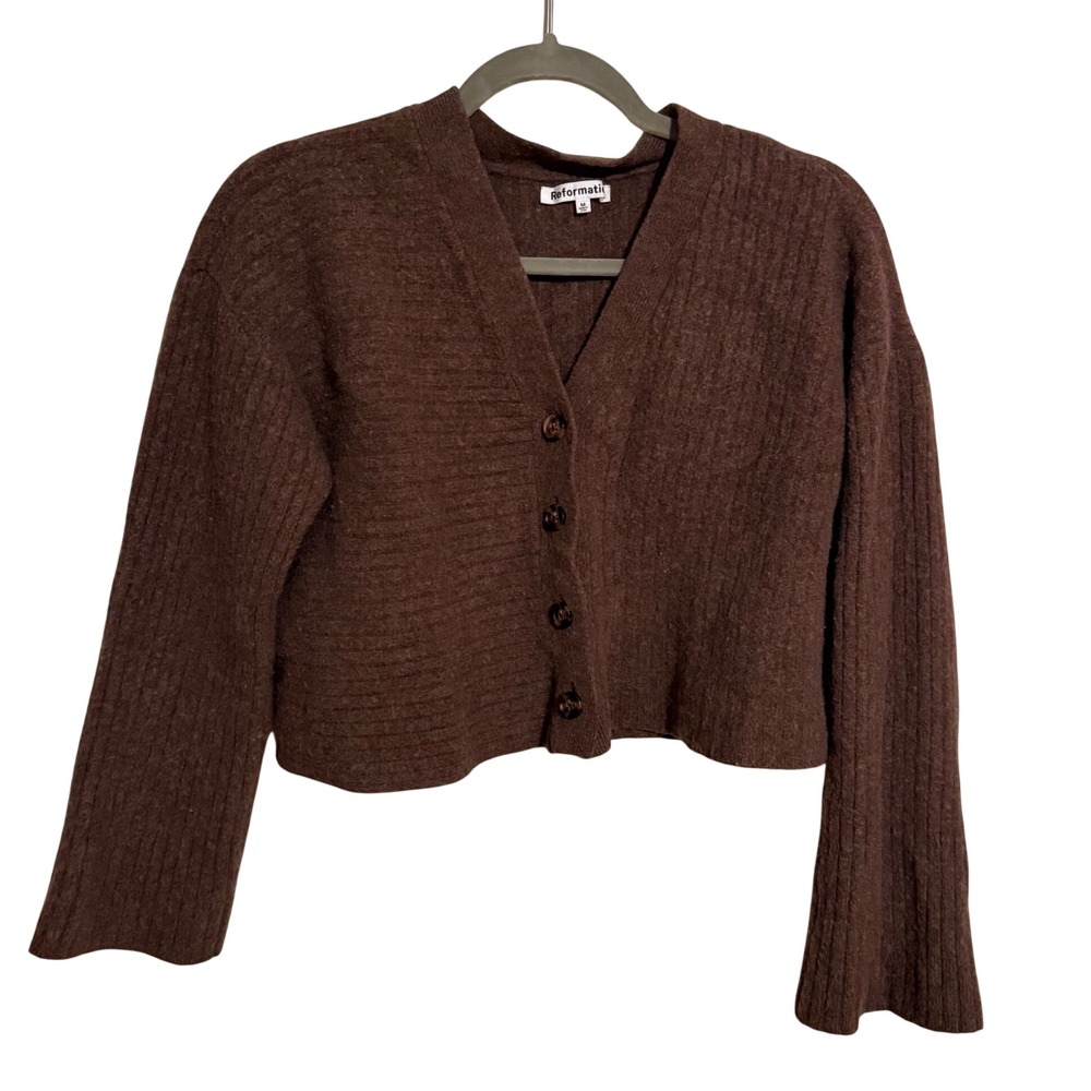 Reformation Brown Cropped Ribbed Cardigan 100% Merino Wool Size M Chunky Preppy